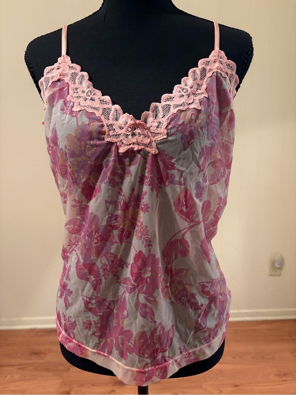 Pink Floral Lace-Trim Cami Tank